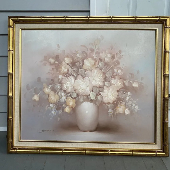 LARGE ORIGINAL ART FRAMED STILL LIFE PAINTING ON CANVAS FLOWERS SIGNED COTTAGE